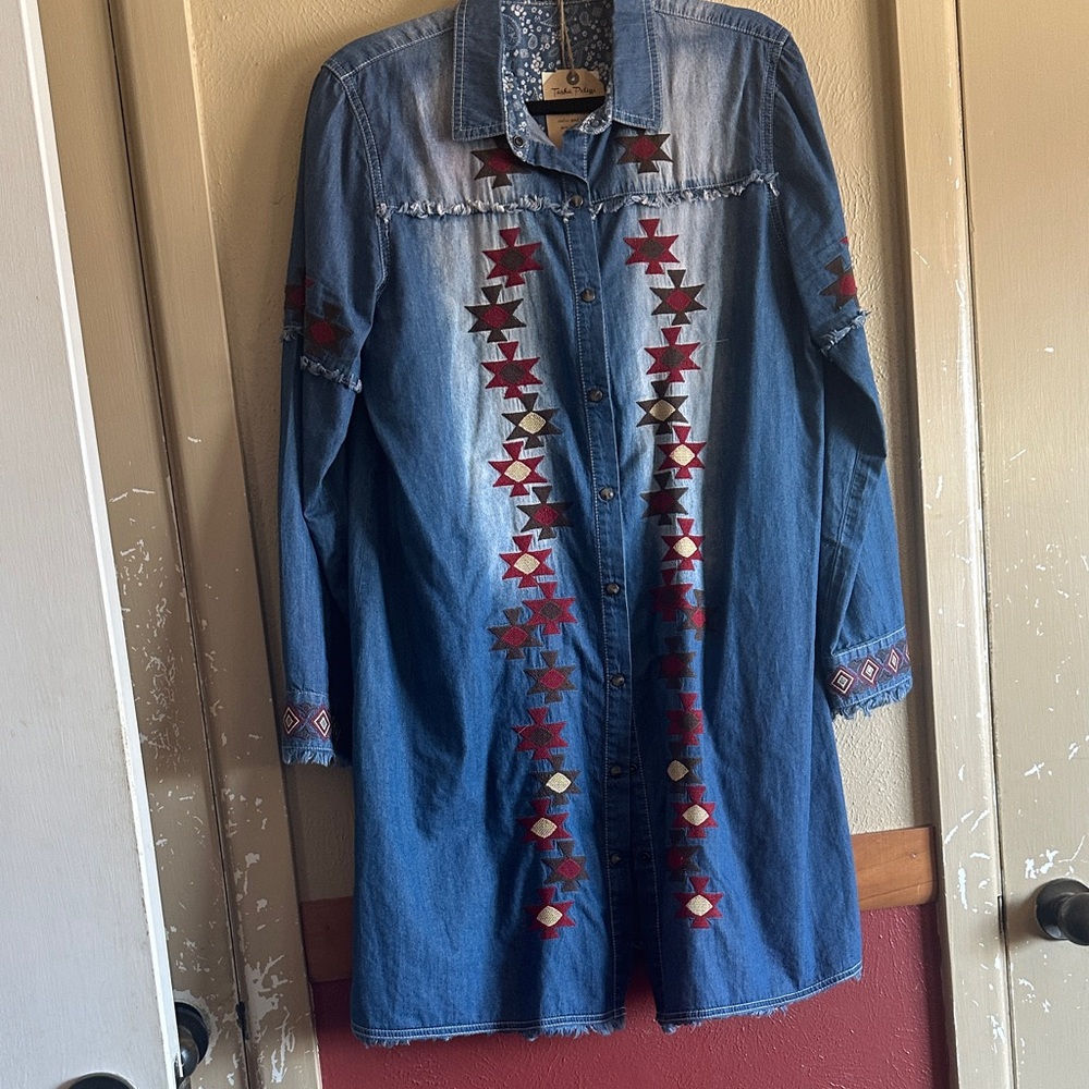 Tasha Polizzi Embroidered Denim Shirt Dress